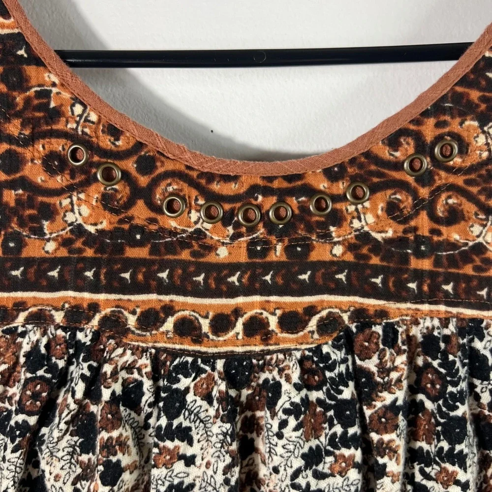 Free People Linen Blend Floral Tank Top Brown‎ Black S Back Cut Out Detail